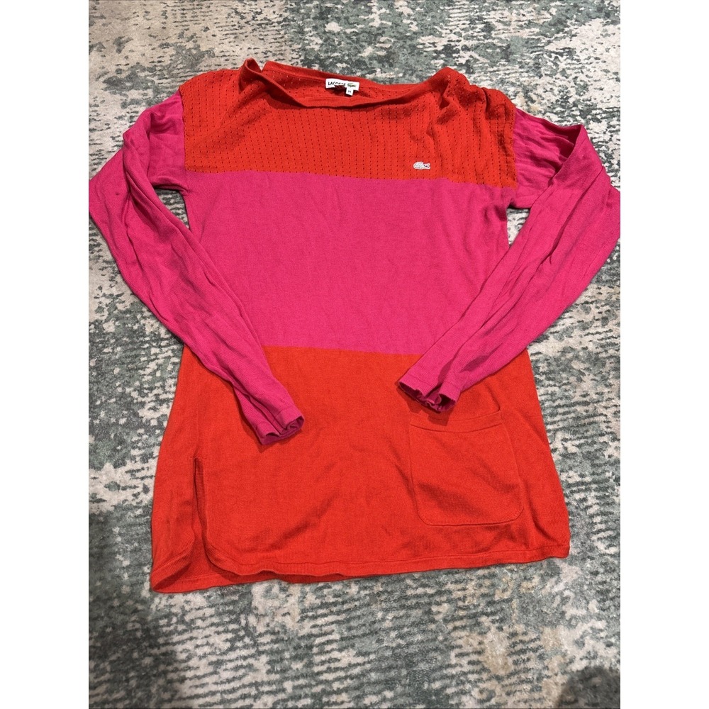 Lacoste Color Block Long Sleeve Shirt Women's Size Medium Pink And Red